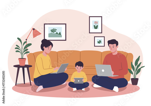 Family engaged in digital activities at home living room cozy indoor environment modern viewpoint