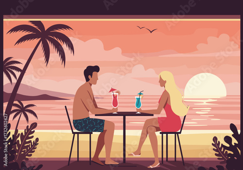 Romantic sunset dinner for two beachside restaurant illustrative tropical setting intimate perspective