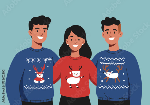 Festive holiday sweater party cozy indoor setting digital joyful atmosphere group portrait christmas spirit