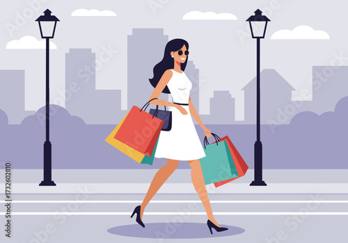 Shopping adventure stylish woman in white dress with colorful bags urban city daytime lifestyle concept