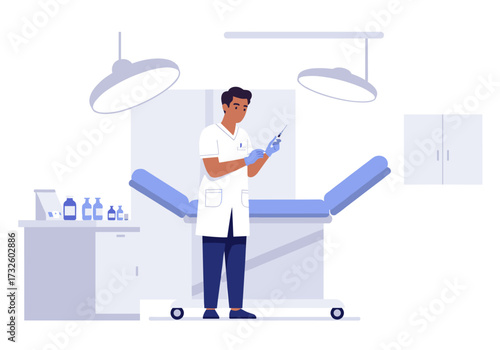Medical procedure preparation by healthcare professional in clinic environment digital focused view