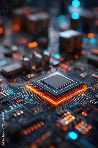 近景のマイクロチップとオレンジと青のライト