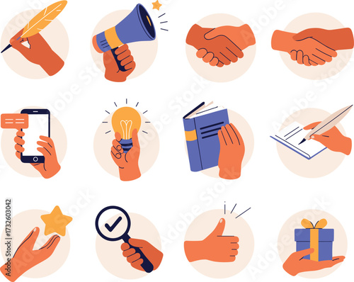 Flat design illustration set of hand gestures with smartphone, book, writing, communication, creativity, teamwork, approval, gift exchange