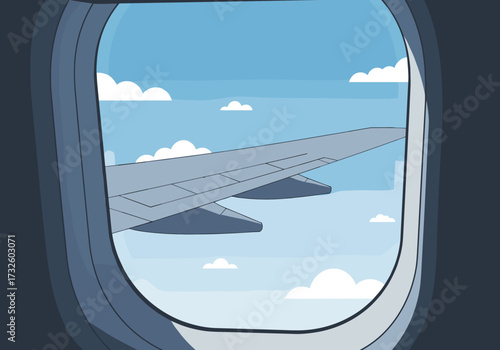 Flying experience from airplane window above the clouds digital sky view serenity of travel