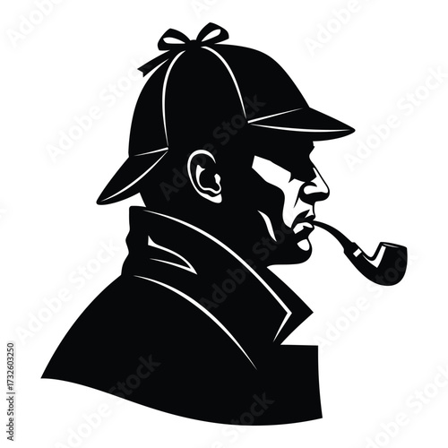 Detective silhouette with pipe and deerstalker hat profile view iconic character symbol silhouette