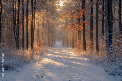 Snow-covered path winding through forest of snowy trees.