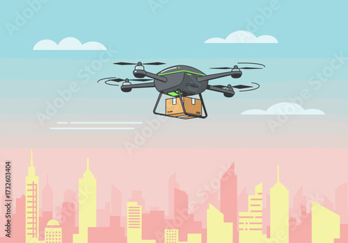 Drone delivery service revolutionizes urban logistics city skyline animated content futuristic environment aerial view innovation