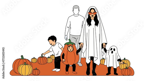 Halloween family moment: A delightful family embraces the spooky spirit of Halloween, surrounded by pumpkins and donned in charming costumes for a festive and unforgettable celebration.