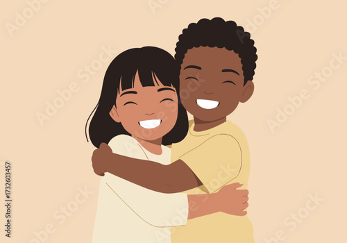 Joyful embrace of friendship among children indoor setting warm atmosphere view emotional connection