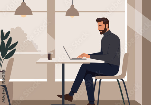Focused professional working on laptop in cozy modern minimalist indoor setting for enhanced productivity and comfort