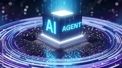 AI agent cube on circuit board with glowing rings