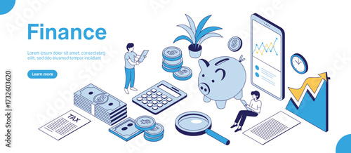 Isometric finance illustration with piggy bank, tax document, savings, calculator, coins, mobile banking, investment growth, money management and accounting