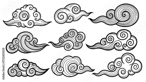 A collection of nine black and white, hand-drawn clouds in a traditional Asian artistic style, featuring intricate swirls and flowing lines.