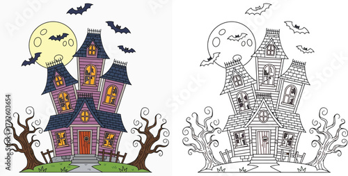 Spooky Haunted House Coloring Page with Full Moon and Bats, Perfect for Halloween Illustrations and Children's Activities