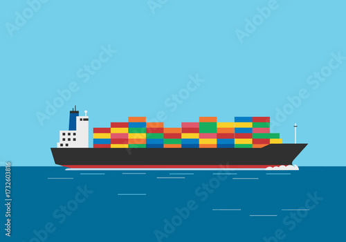 Shipping action container ship transporting goods over calm waters vibrant graphic aerial perspective for supply chain visualization