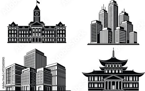 Set of four building silhouettes showcasing global architectural styles—Western, modern, commercial, and East Asian—in bold black vector design