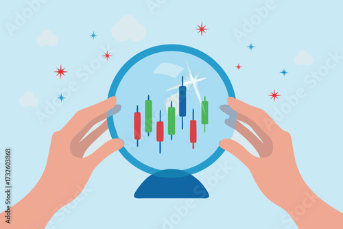 Hands holding a crystal ball showing a stock market candlestick chart with a bright future