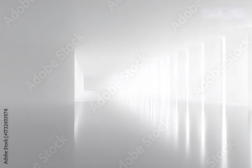 光沢のある白い壁と床のミニマルな通路のインテリア