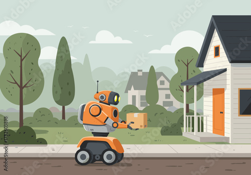 Delivery robot transporting package to house in suburban environment digital playful concept