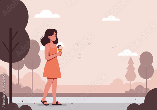 Enjoying ice cream on a relaxing day in a serene park illustrative peaceful atmosphere vibrant colors