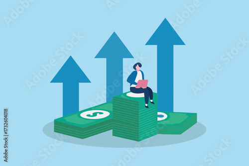 Person sitting on stack of money using laptop with upward trending arrows symbolizing financial growth and success