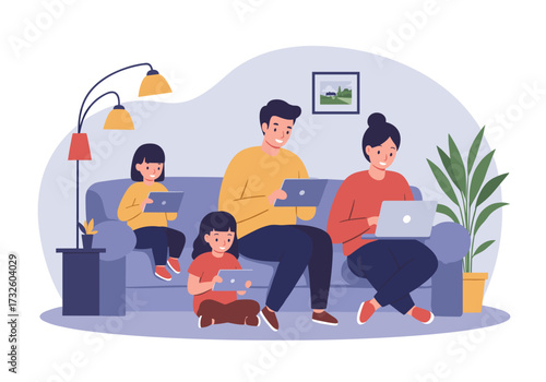 Family engaged in digital activities at home living room cozy atmosphere front view technology and togetherness