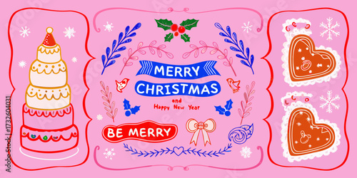 Whimsical hand drawn christmas and new year celebration with festive treats and greetings