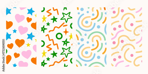 Four distinct abstract patterns featuring colorful geometric shapes and playful doodles on a white background