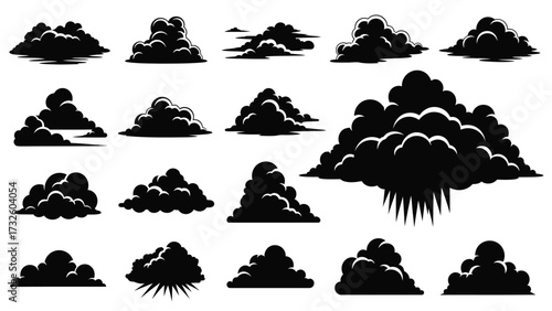 A collection of stylized black cloud silhouettes, featuring various shapes and formations isolated on a white background.
