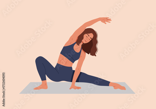 Dynamic yoga poses home digital serene environment side view wellness concept