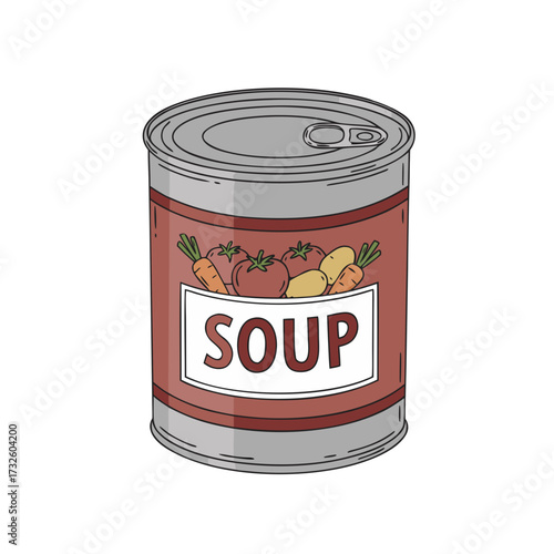 Canned soup illustration, flat design, natural colors, convenient meal and food storage 