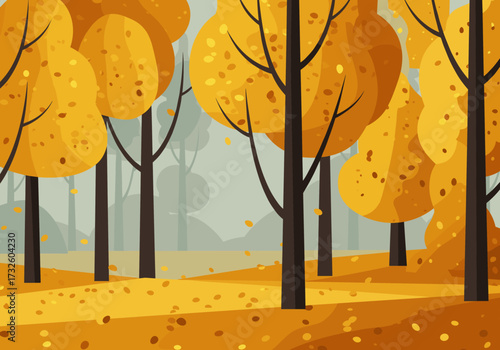 Autumn leaves falling in a serene forest nature peaceful environment artistic viewpoint