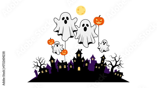 Enchanting Halloween Scene: A playful ensemble of ghosts and pumpkins frolic amidst a spooky silhouette of haunted houses under the watchful glow of a full moon.