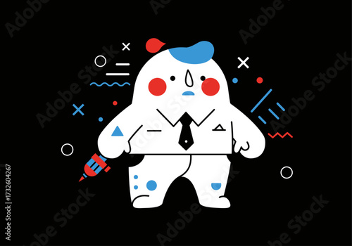 Worried Cartoon Businessman with Syringe on Black Background, Abstract Graphic Elements