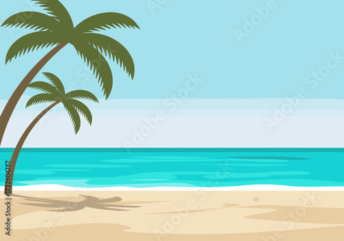 Relaxing beach scene with palm trees tropical paradise digital bright blue ocean serene atmosphere