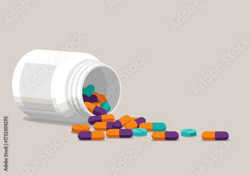 Scattered capsules and pills pharmaceutical scene digital minimalist style overhead view health concept
