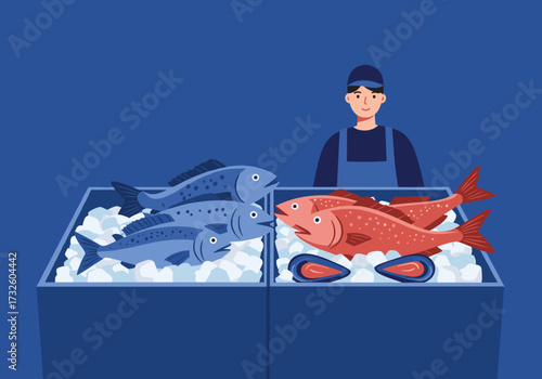 Fish market action fresh seafood display by vendor urban setting vibrant colors fishery concept