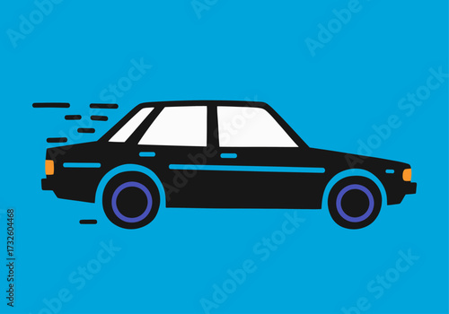 Stylish Flat Design Black Car Speeding Illustration on Vibrant Blue Background