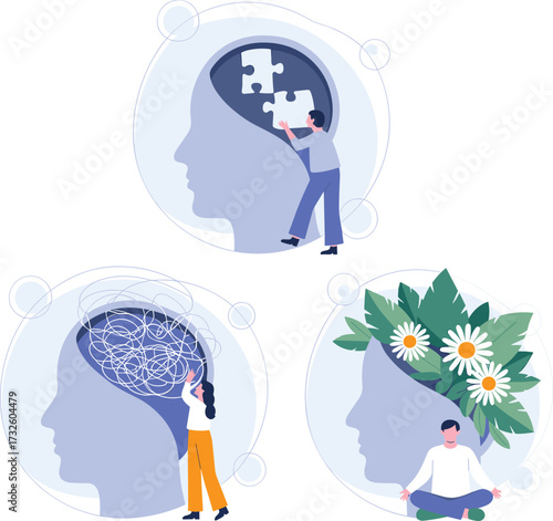Minimalist mental health illustration showing stress, relaxation meditation, positive thinking, mind healing, emotional balance, brain wellness, self-care, mindfulness practice