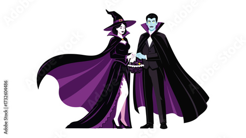 Halloween Romance: Capturing the essence of spooky season, an illustration depicts a captivating vampire and witch, dressed in classic attire, holding treat baskets.
