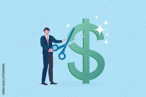 Businessman cutting a large green dollar sign with scissors representing cost reduction or financial savings