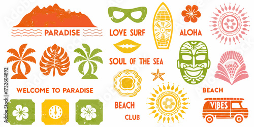 Tropical paradise beach vibes collection with palm trees surfboard tiki mask and aloha text