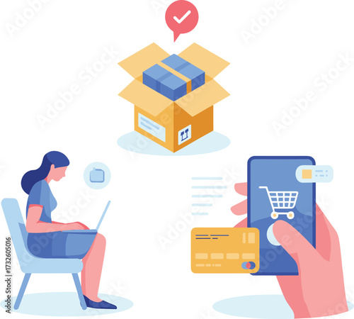 Woman shopping online with laptop, mobile e-commerce payment, digital purchase confirmation, delivery service, online shopping concept, package received illustration
