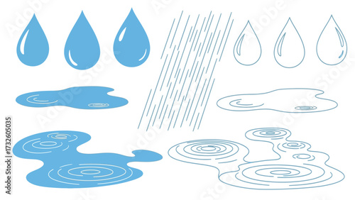 A collection of vector illustrations depicting raindrops, falling rain, and puddles with ripples, in both filled and outline styles.