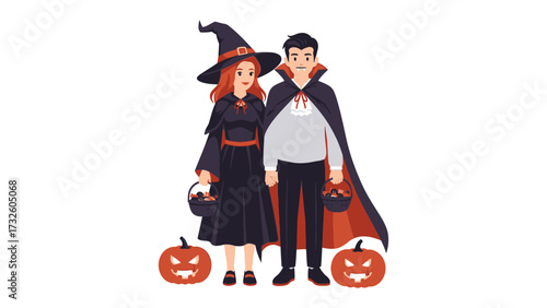 Halloween Pair: A Witch and Vampire with baskets, standing alongside jack-o'-lanterns. Illustrating the spirit of Halloween.