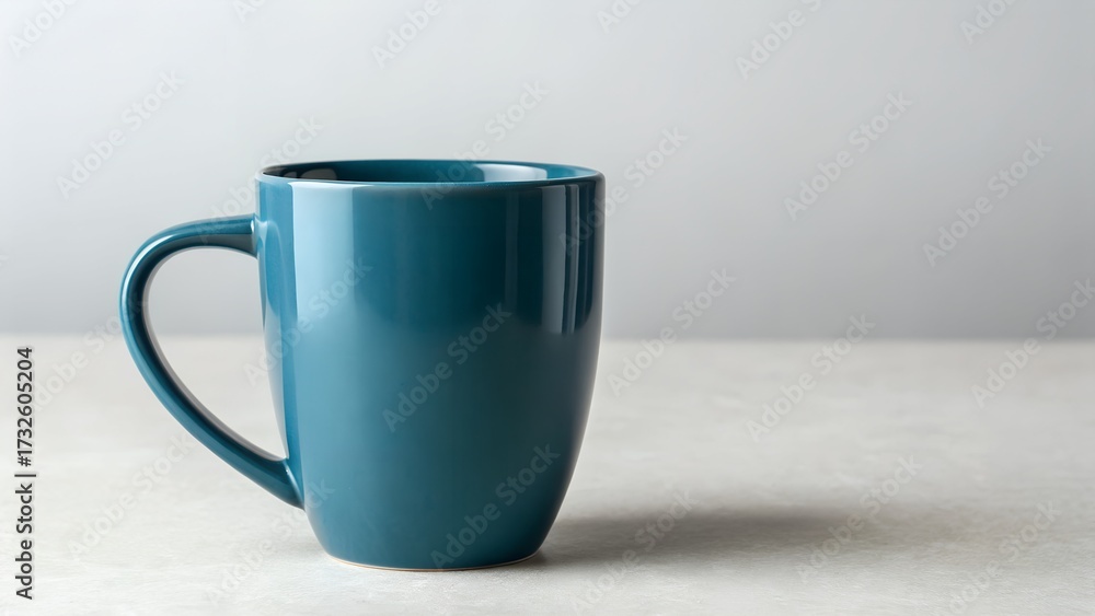 Obraz premium Teal ceramic mug with curved handle on light surface