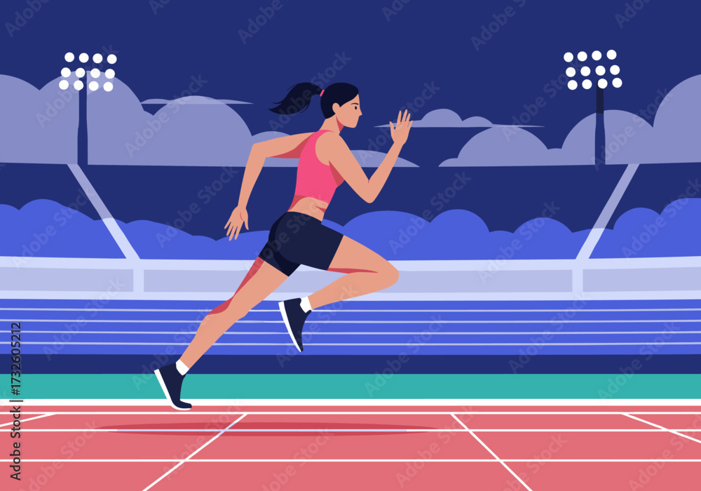 Obraz premium Running athlete competing in stadium race sports event nighttime dynamic viewpoint competitive spirit