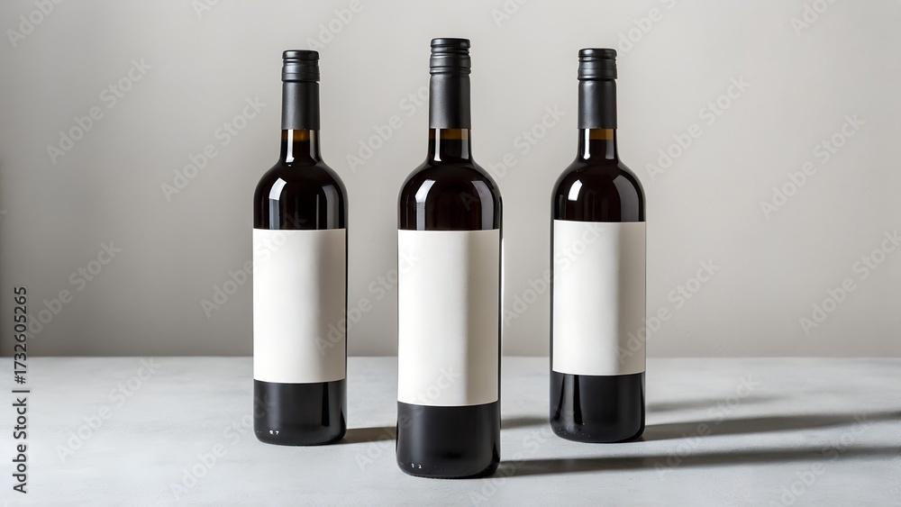 Fototapeta premium Three dark glass wine bottles with blank labels image