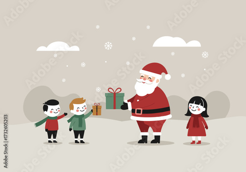 Santa claus distributing gifts to children winter wonderland festive atmosphere front view holiday spirit