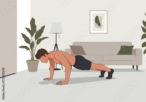 Home workout routine push-up exercise living room digital modern environment side view fitness concept